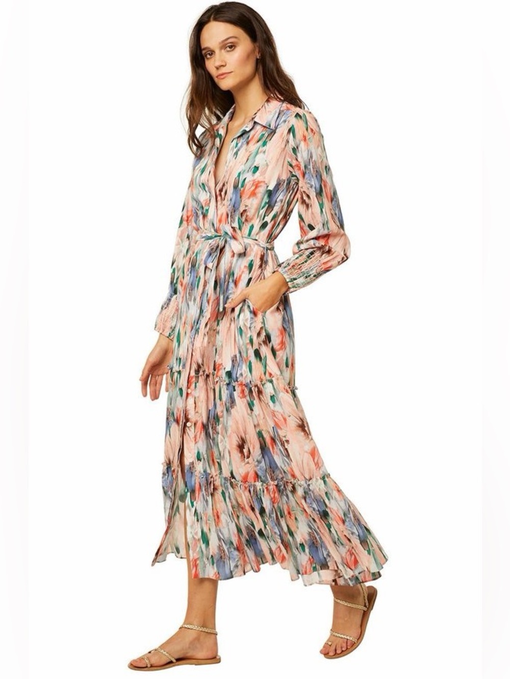 MISA Los Angeles Esmee Dress XS Watercolor Floral Tie Waist Midi Maxi $287